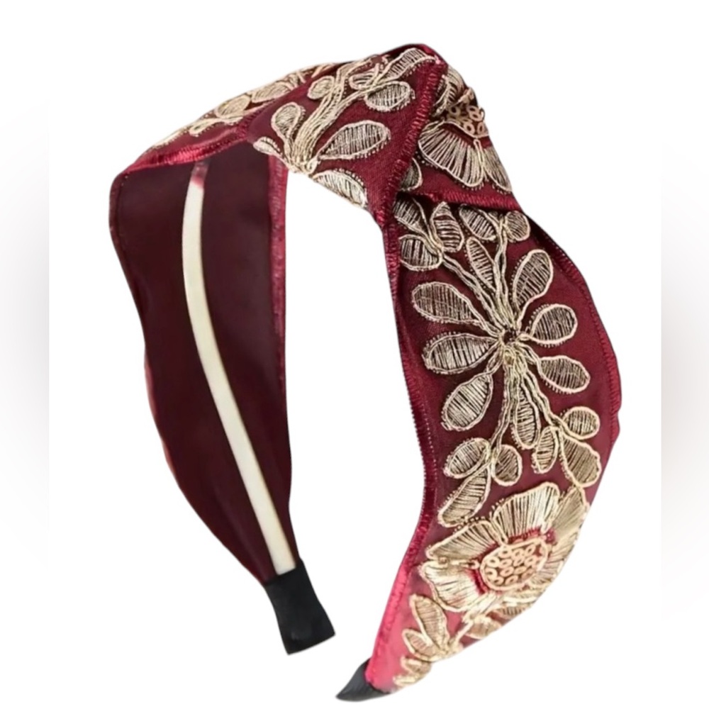 Burgundy Vintage Style Floral Embroidered Knotted Headband